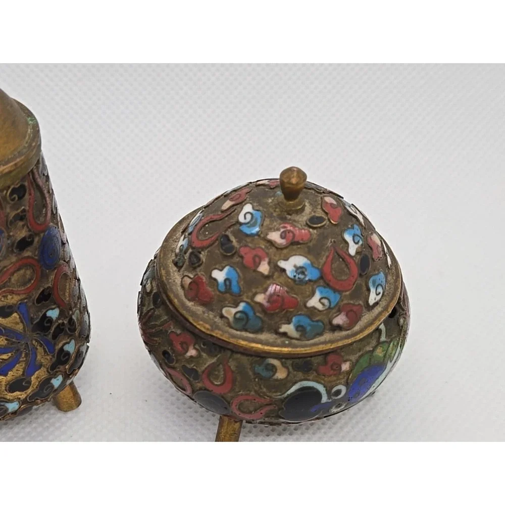 Vtg Cobalt Cloisonne Lidded Mustard Pot & Salt Cellar Set Dragon Motif‎ Chinese